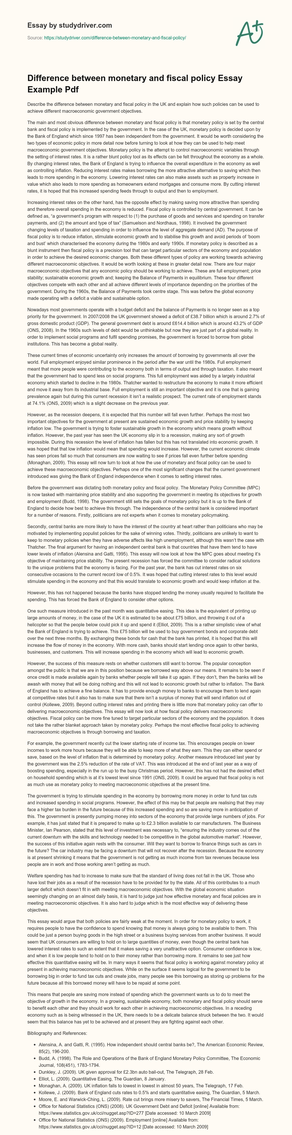 Difference between Monetary and Fiscal Policy Essay Example Pdf essay