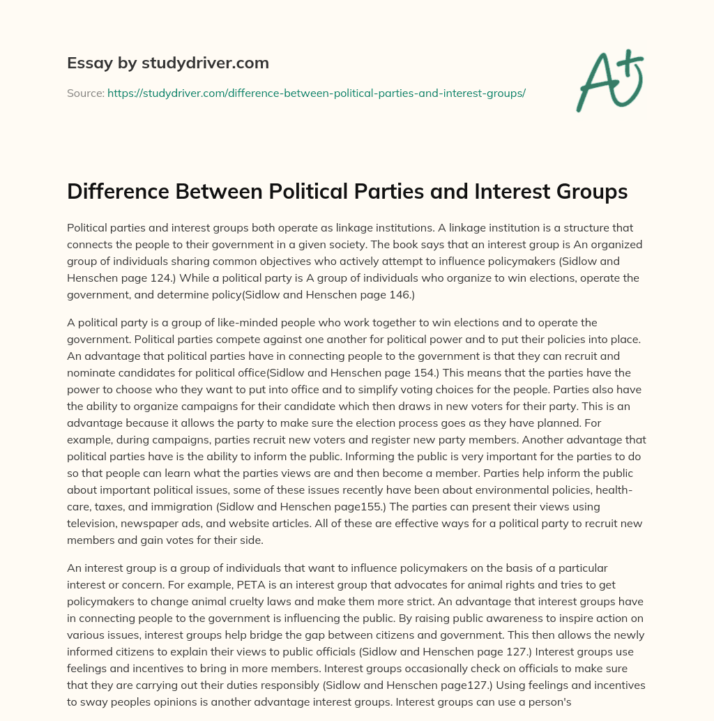 Difference between Political Parties and Interest Groups essay