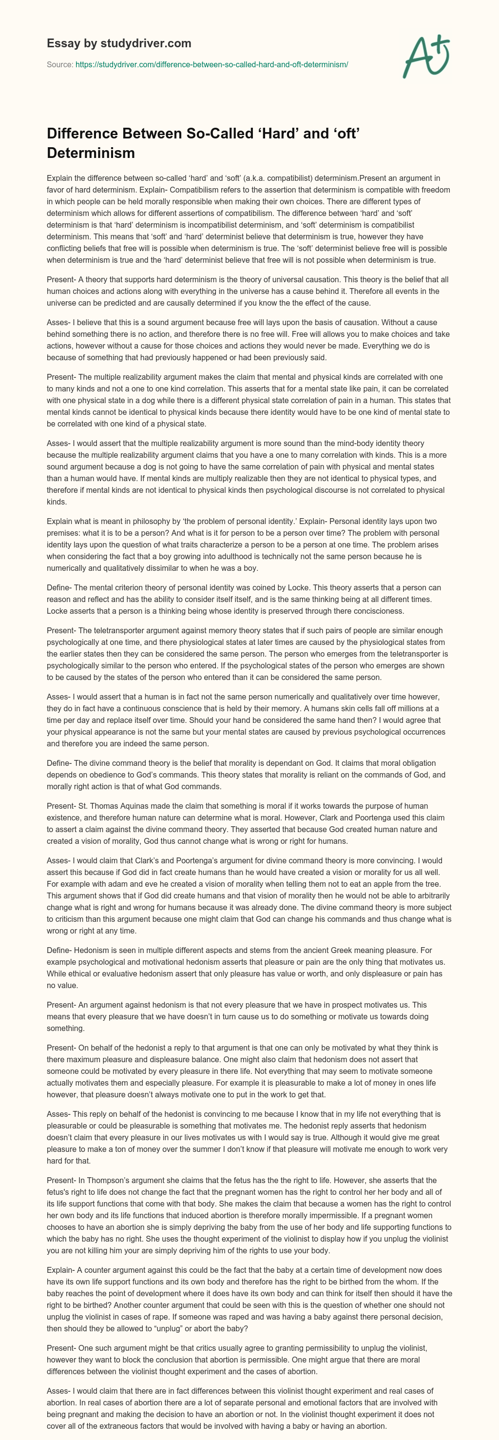 Difference between So-Called ‘Hard’ and ‘oft’ Determinism essay