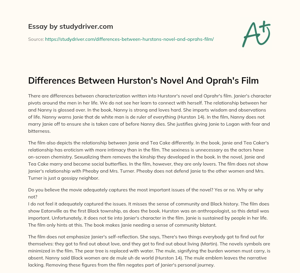 Differences between Hurston’s Novel and Oprah’s Film essay