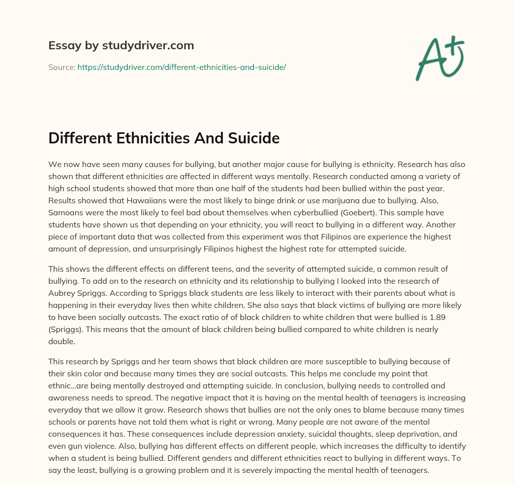 Different Ethnicities and Suicide essay