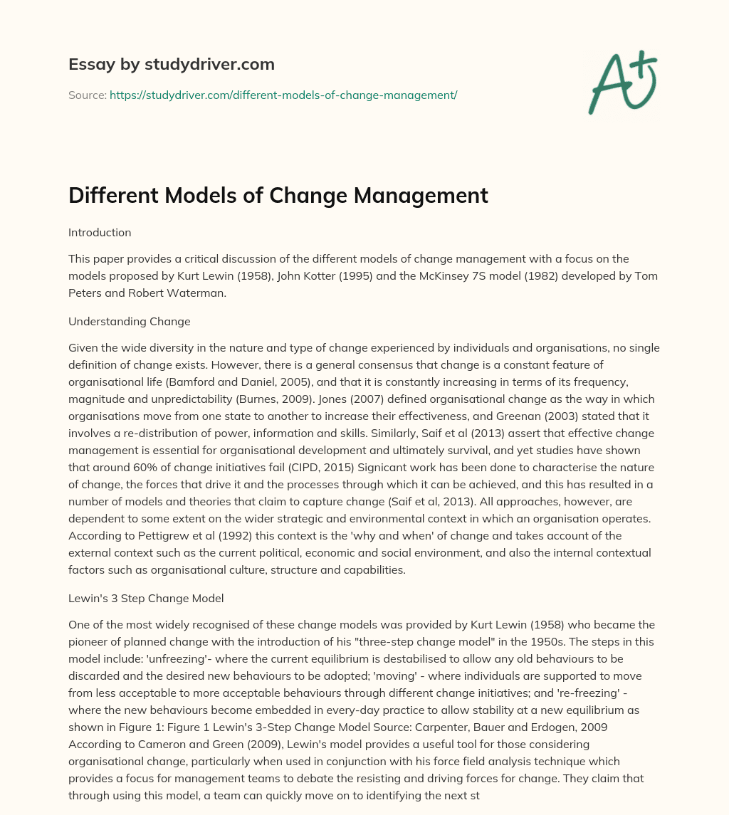 Different Models of Change Management essay