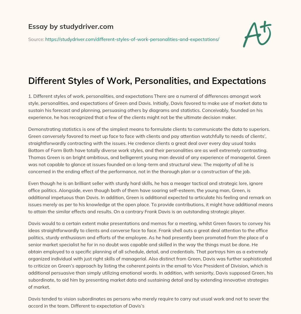 Different Styles of Work, Personalities, and Expectations essay
