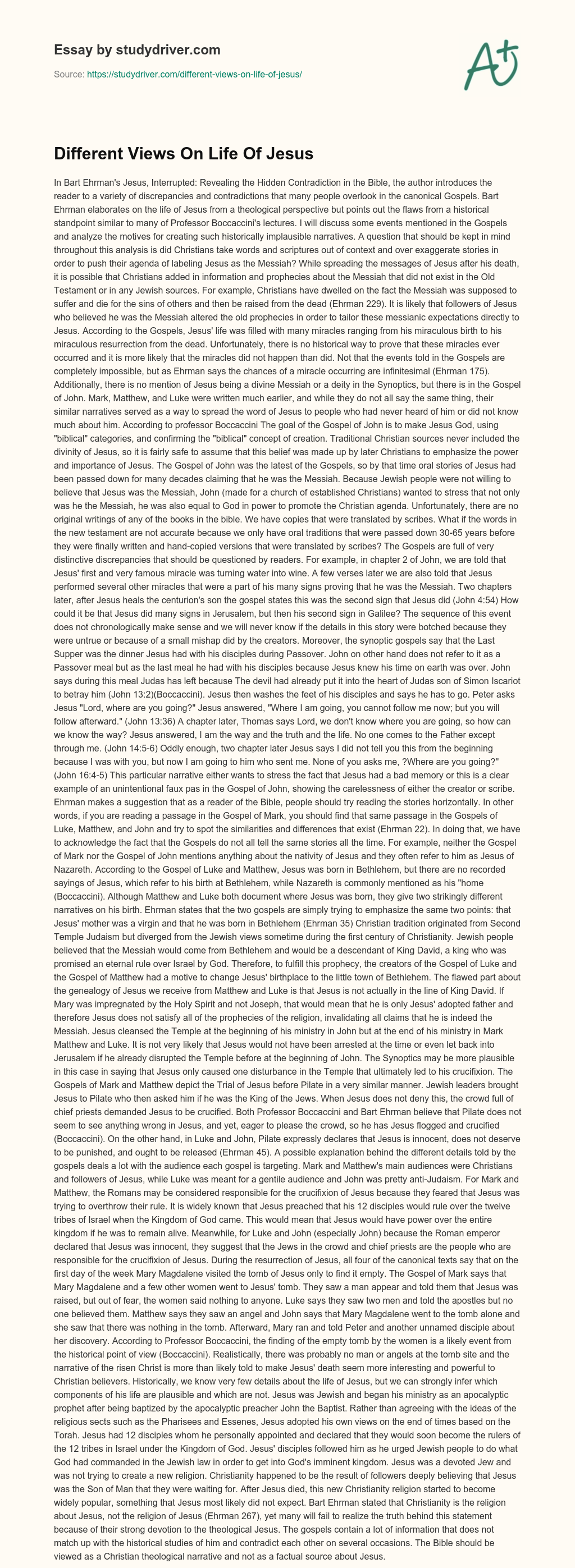 Different Views on Life of Jesus essay