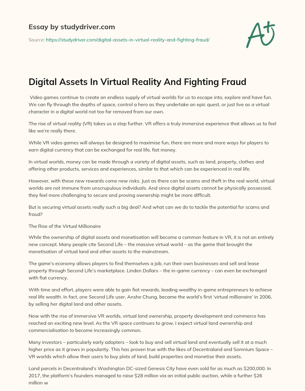 Digital Assets in Virtual Reality and Fighting Fraud essay