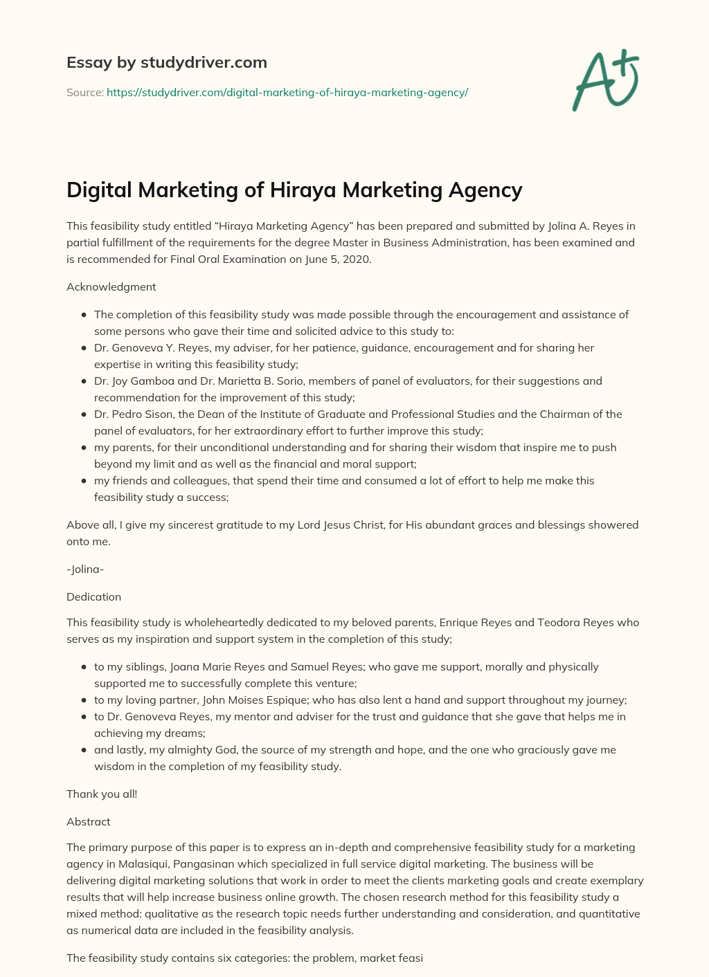 Digital Marketing of Hiraya Marketing Agency essay