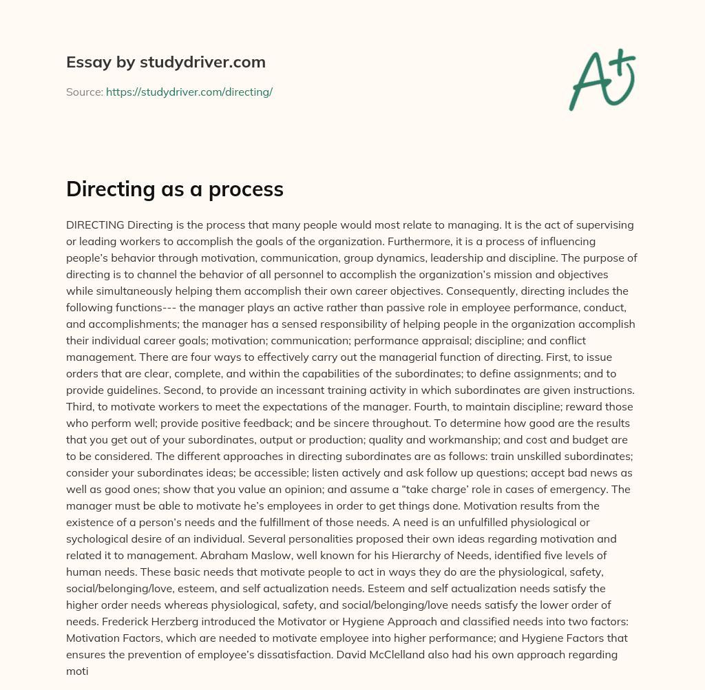 Directing as a Process essay