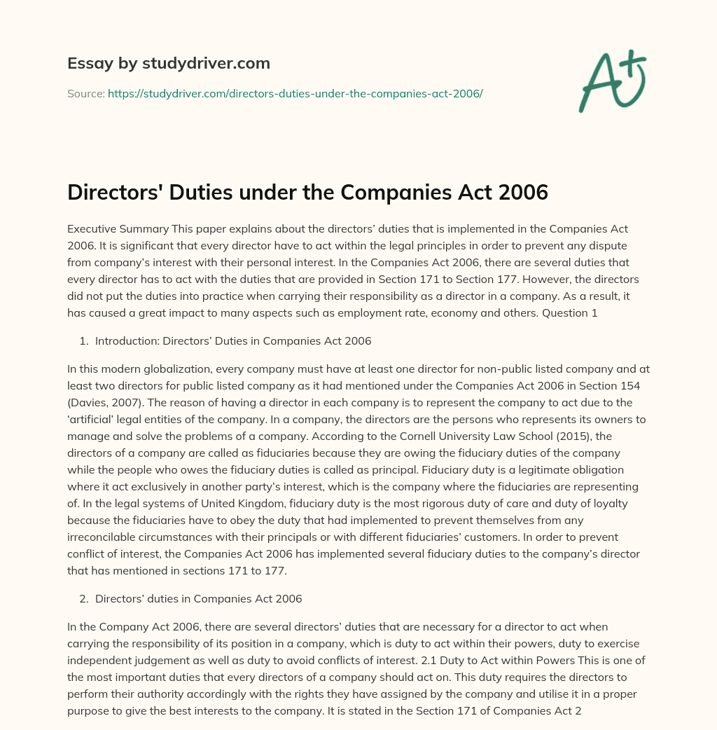 Directors’ Duties under the Companies Act 2006 essay