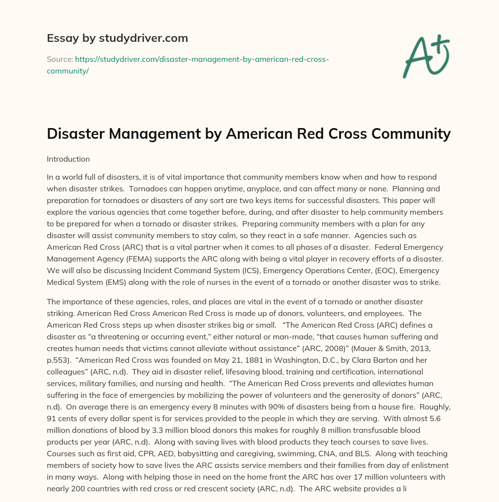 Disaster Management by American Red Cross Community essay