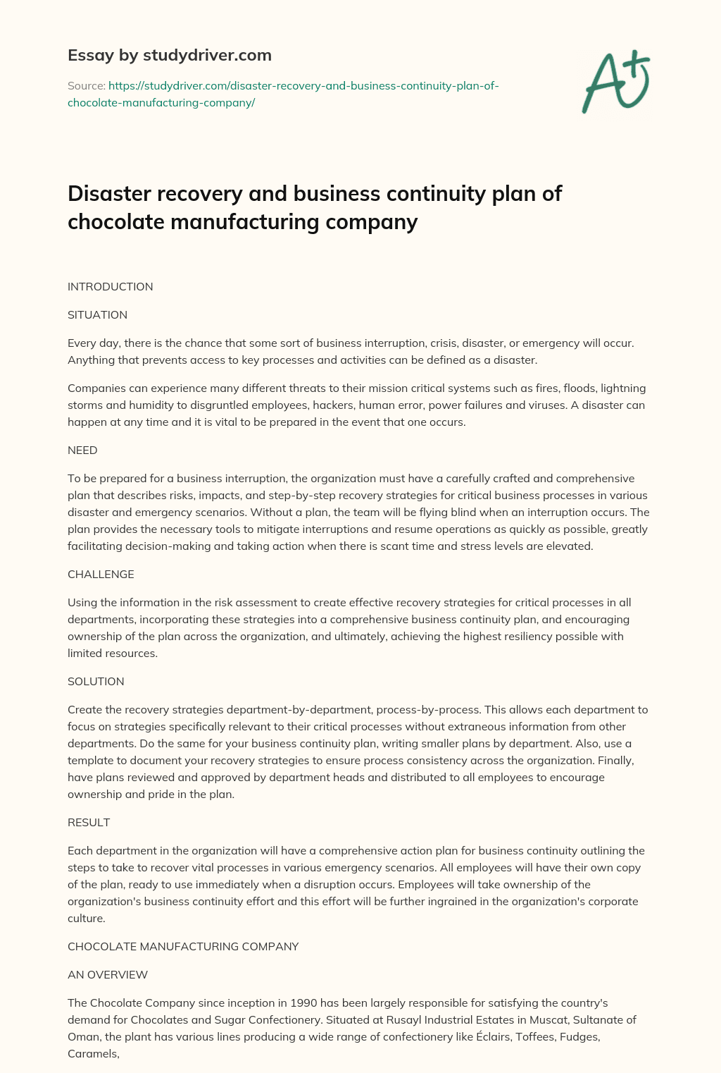 Disaster Recovery and Business Continuity Plan of Chocolate Manufacturing Company essay
