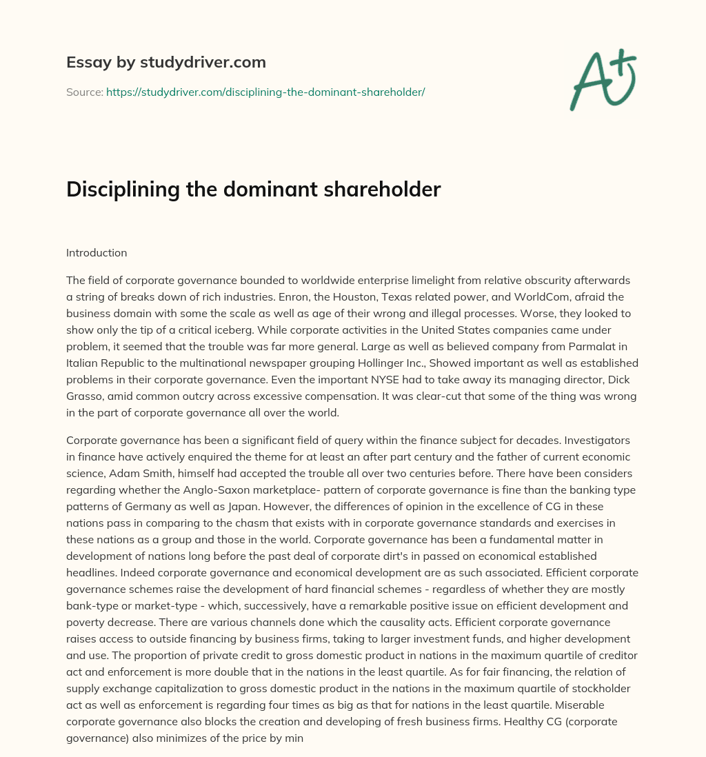 Disciplining the Dominant Shareholder essay