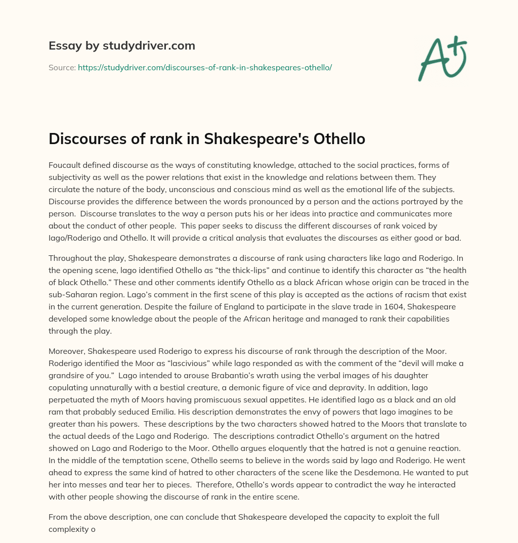 Discourses of Rank in Shakespeare’s Othello essay