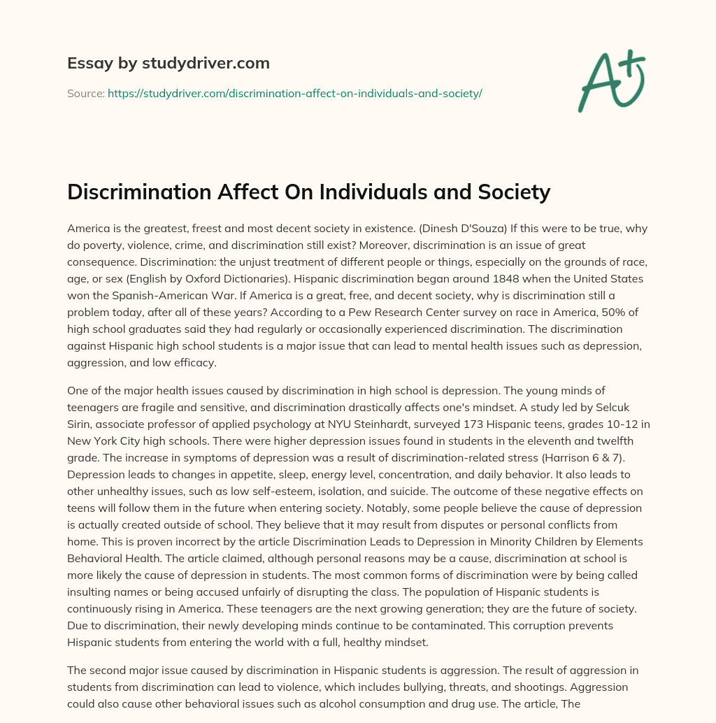 Discrimination Affect on Individuals and Society essay