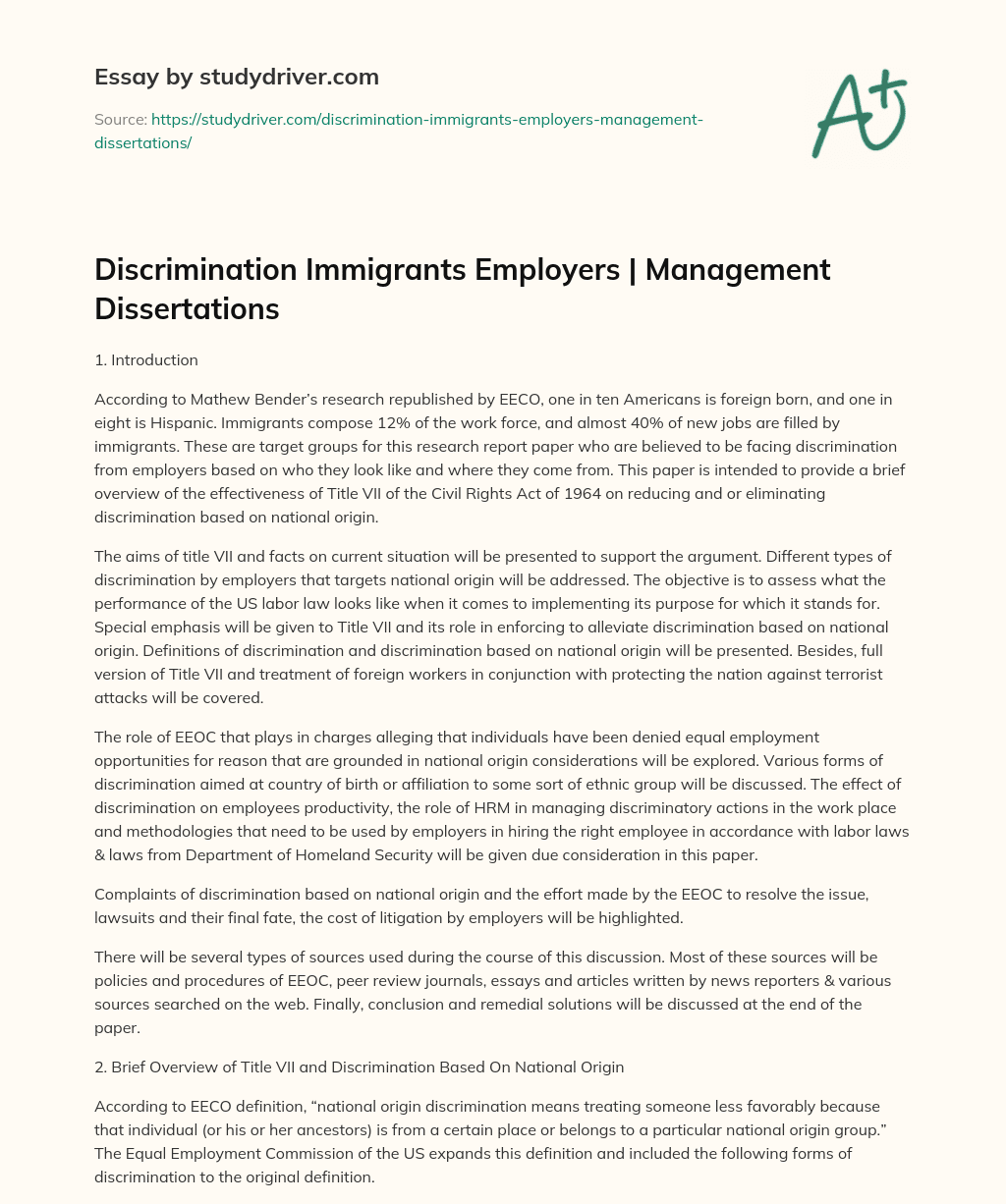 Discrimination Immigrants Employers | Management Dissertations essay