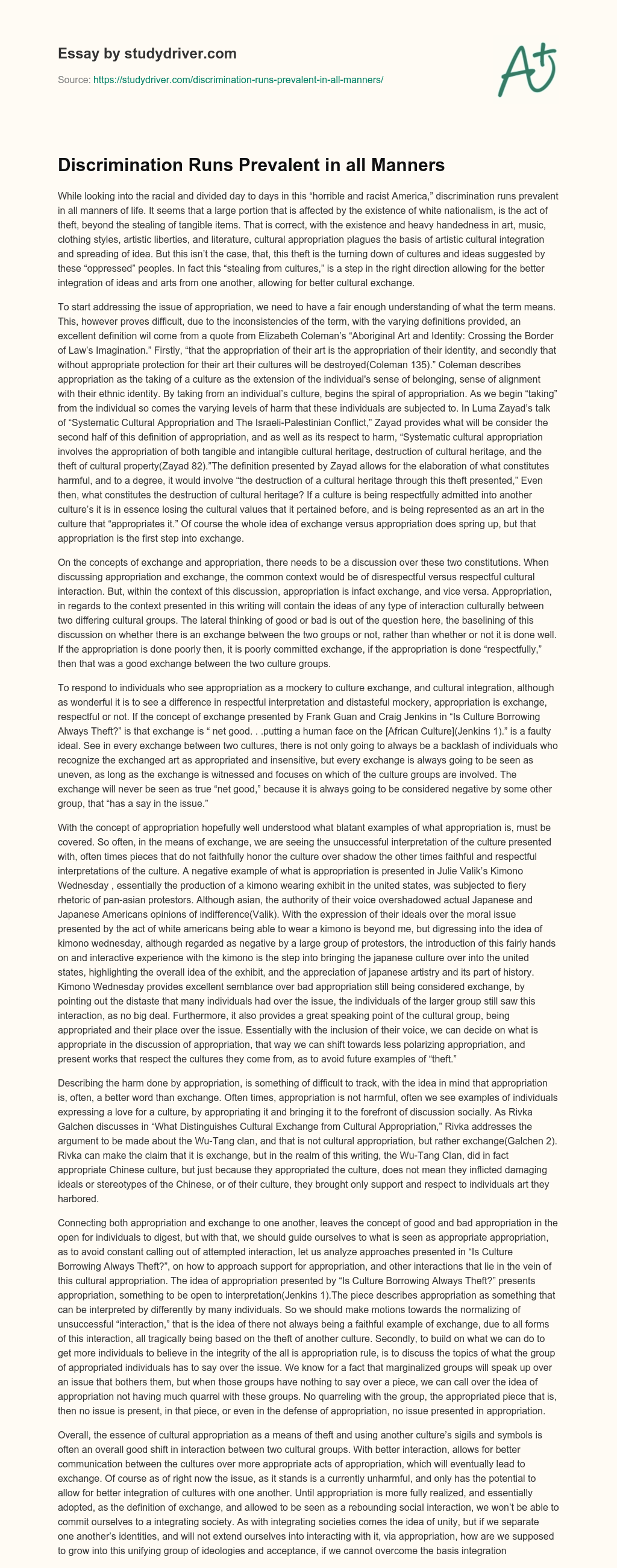 Discrimination Runs Prevalent in all Manners essay