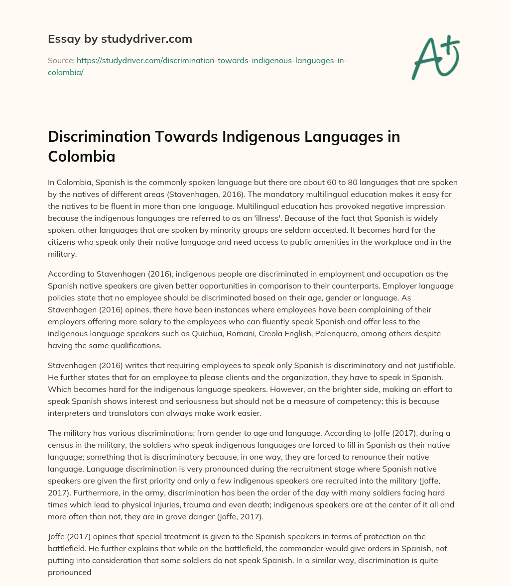 Discrimination Towards Indigenous Languages in Colombia essay