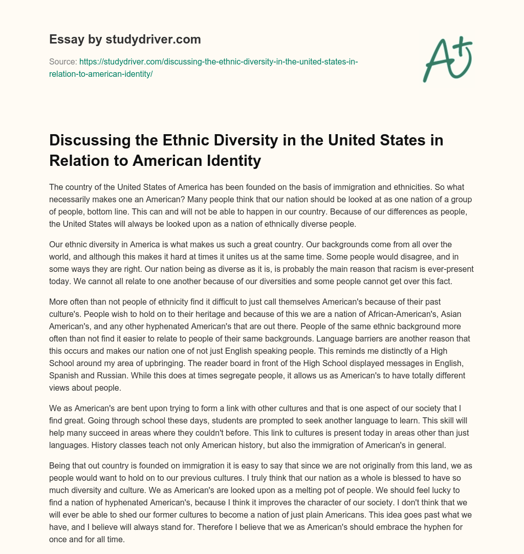 Discussing the Ethnic Diversity in the United States in Relation to American Identity essay
