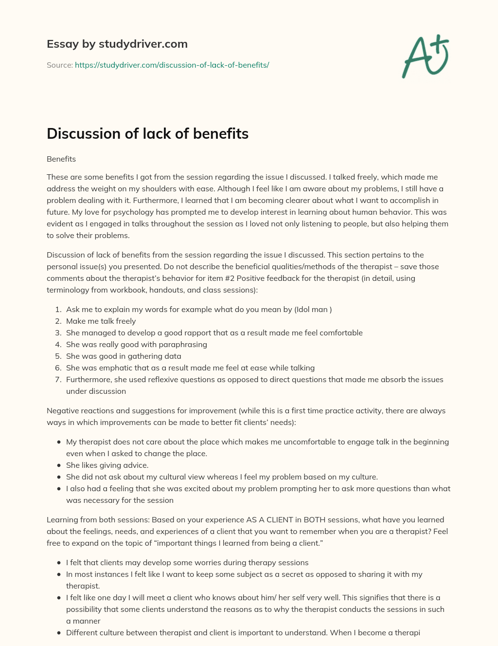 Discussion of Lack of Benefits essay