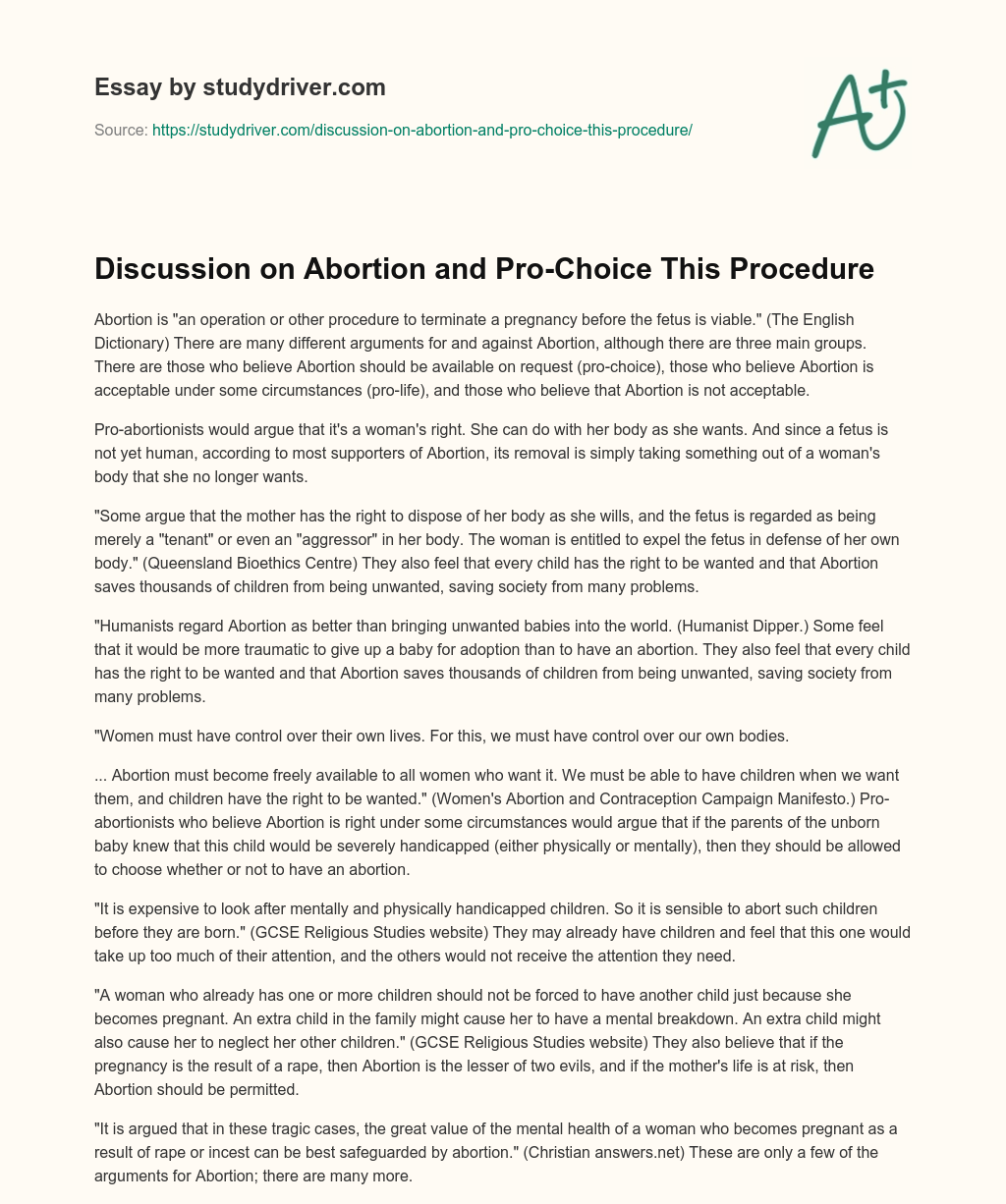 Discussion on Abortion and Pro-Choice this Procedure essay