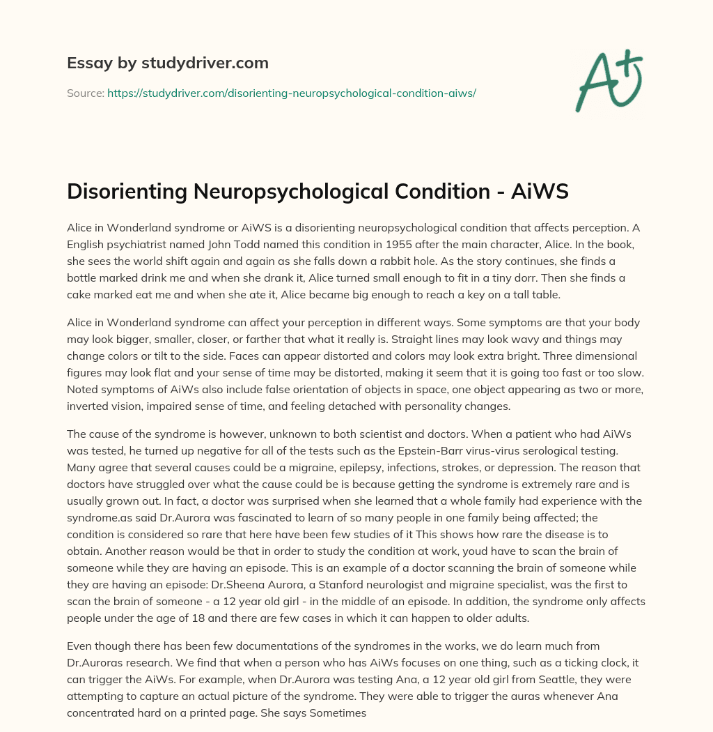 Disorienting Neuropsychological Condition – AiWS essay