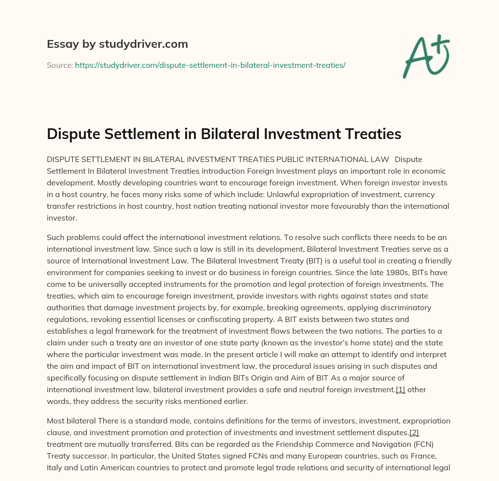 Dispute Settlement in Bilateral Investment Treaties essay