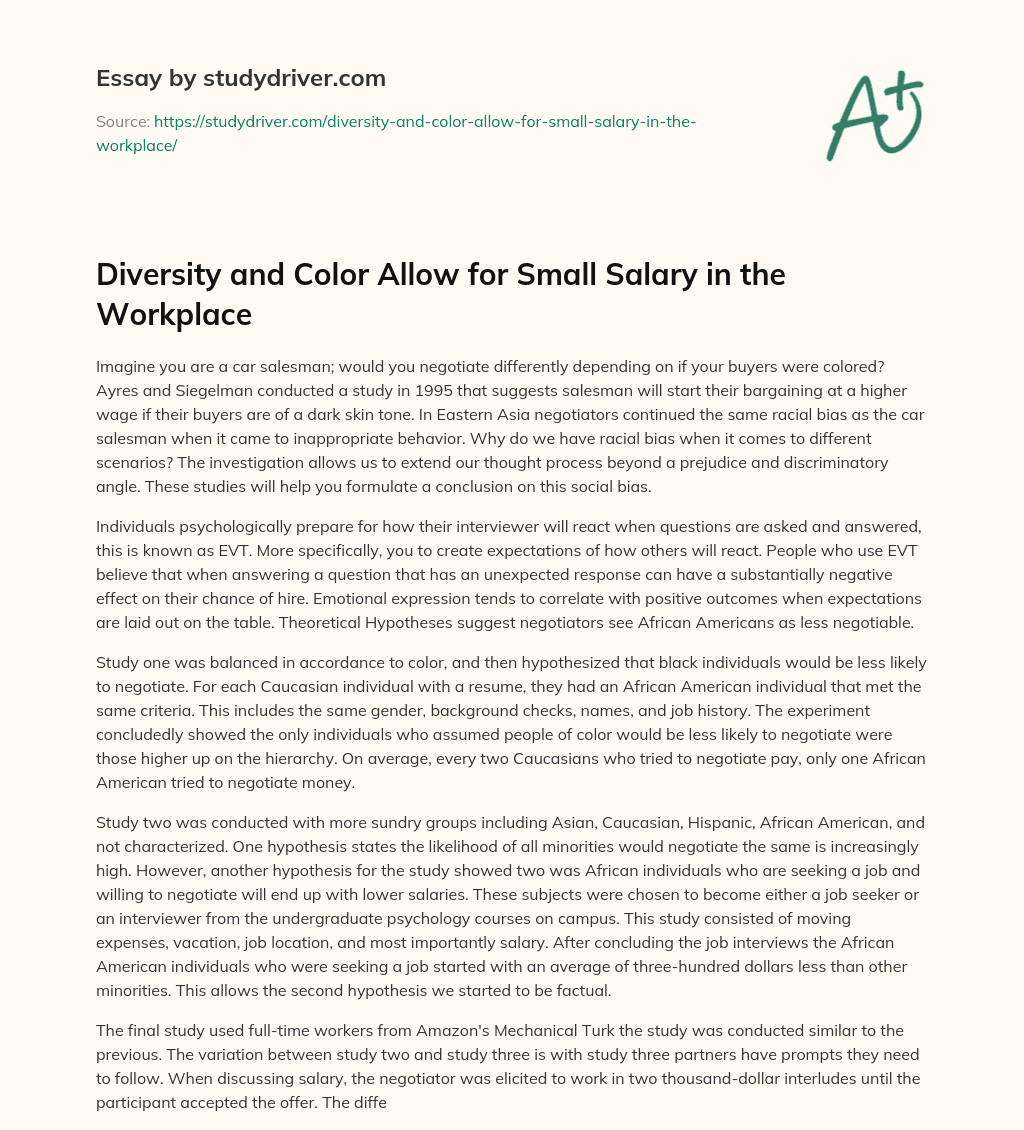Diversity and Color Allow for Small Salary in the Workplace essay