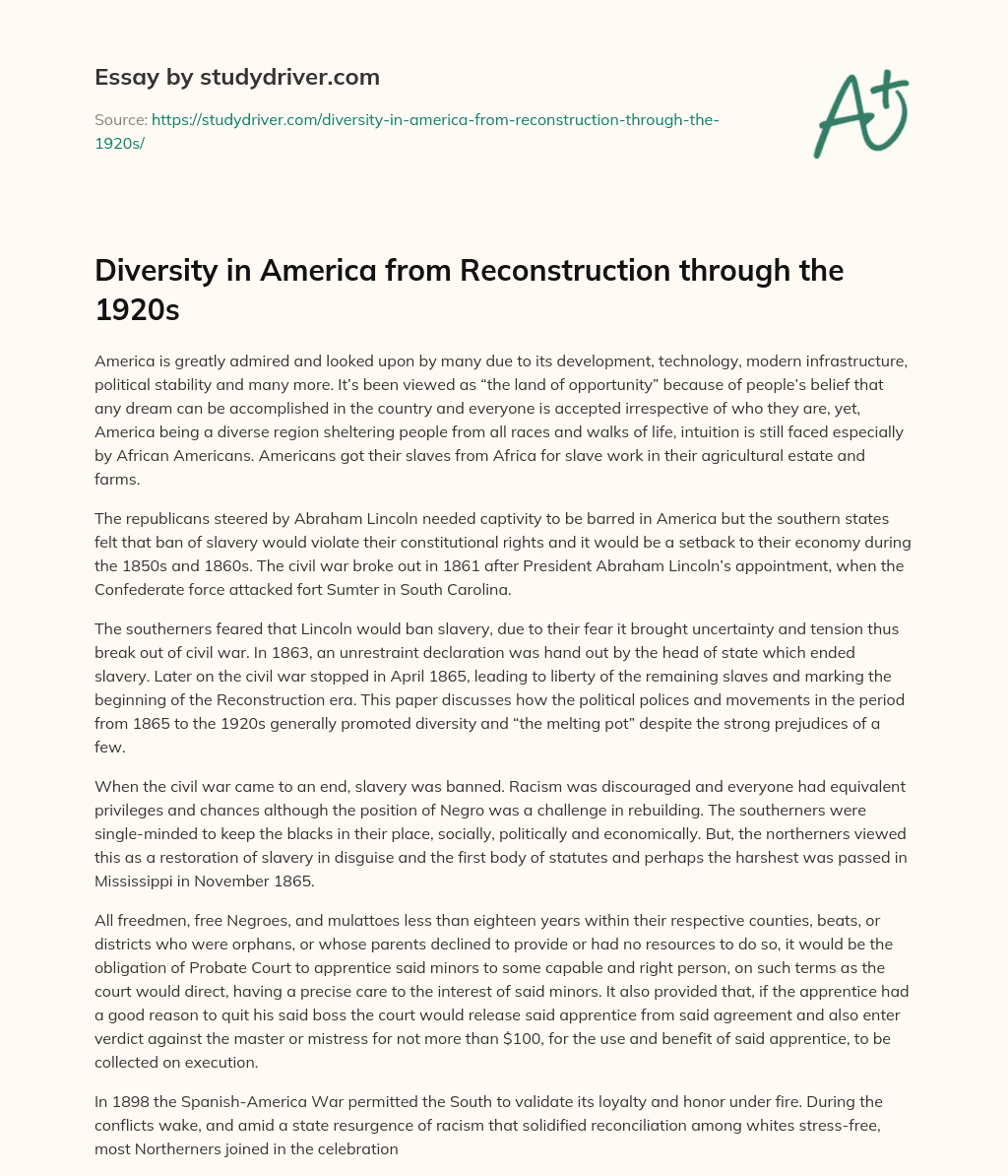 Diversity in America from Reconstruction through the 1920s essay