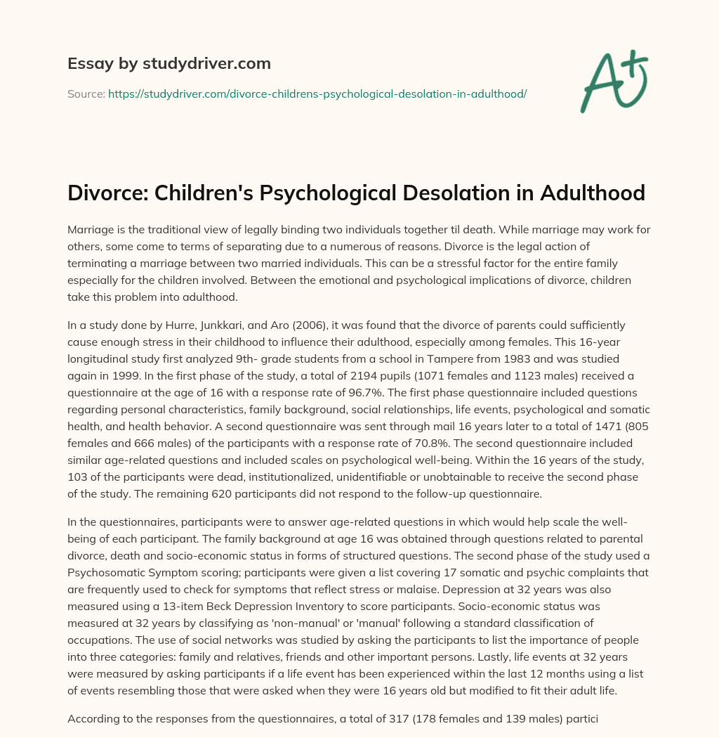 Divorce: Children’s Psychological Desolation in Adulthood essay