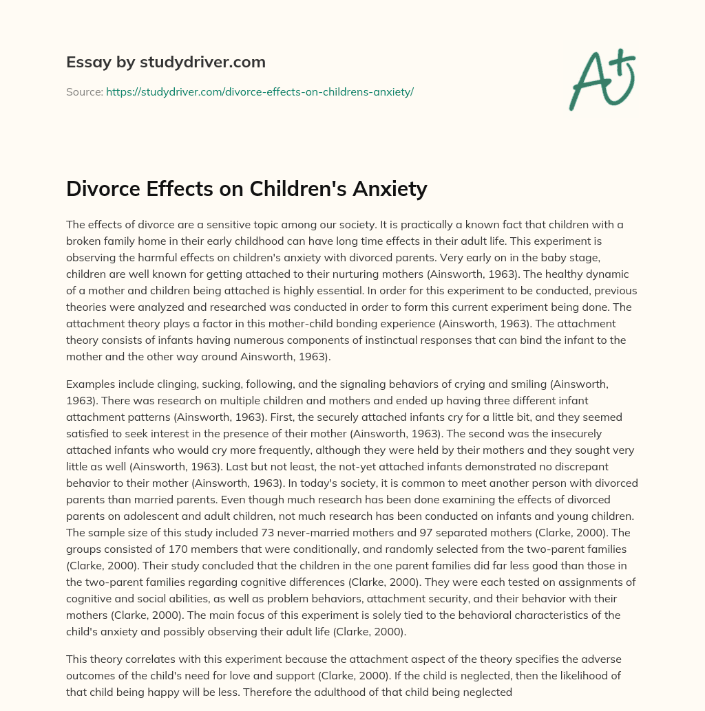 Divorce Effects on Children’s Anxiety essay