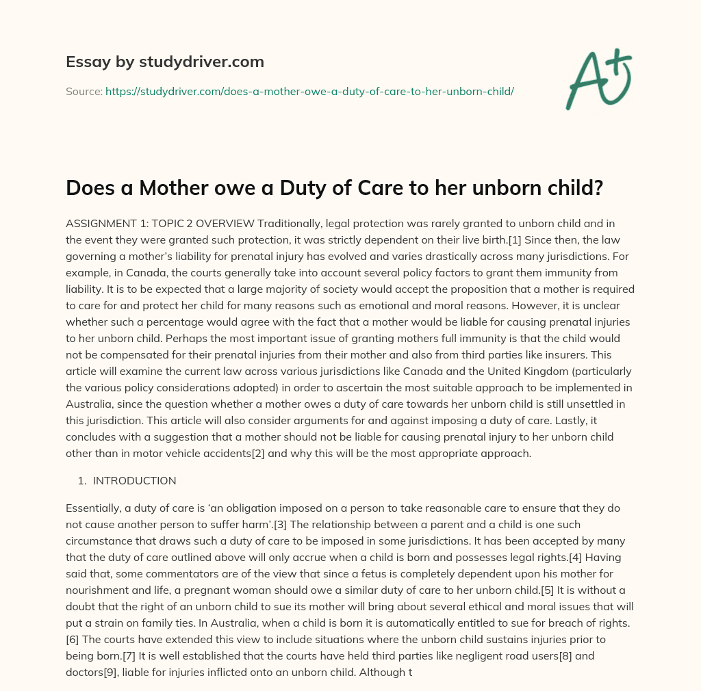 Does a Mother Owe a Duty of Care to her Unborn Child? essay