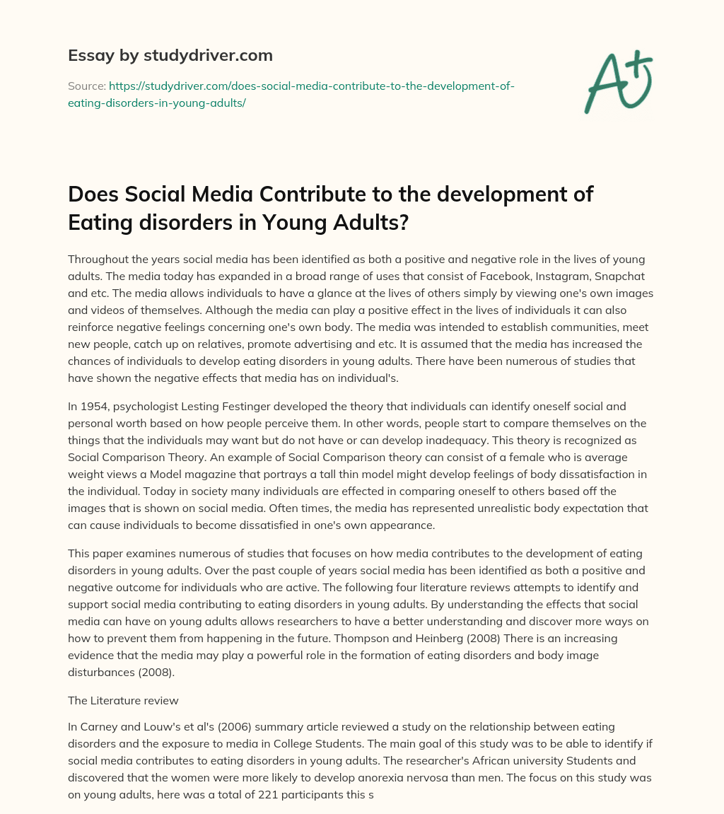 Does Social Media Contribute to the Development of Eating Disorders in Young Adults? essay