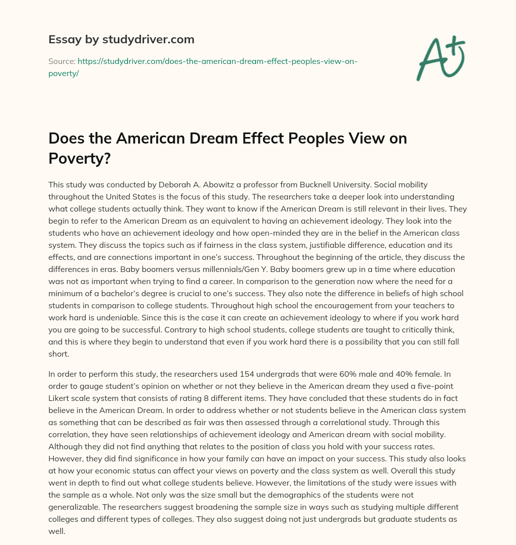 Does the American Dream Effect Peoples View on Poverty? essay