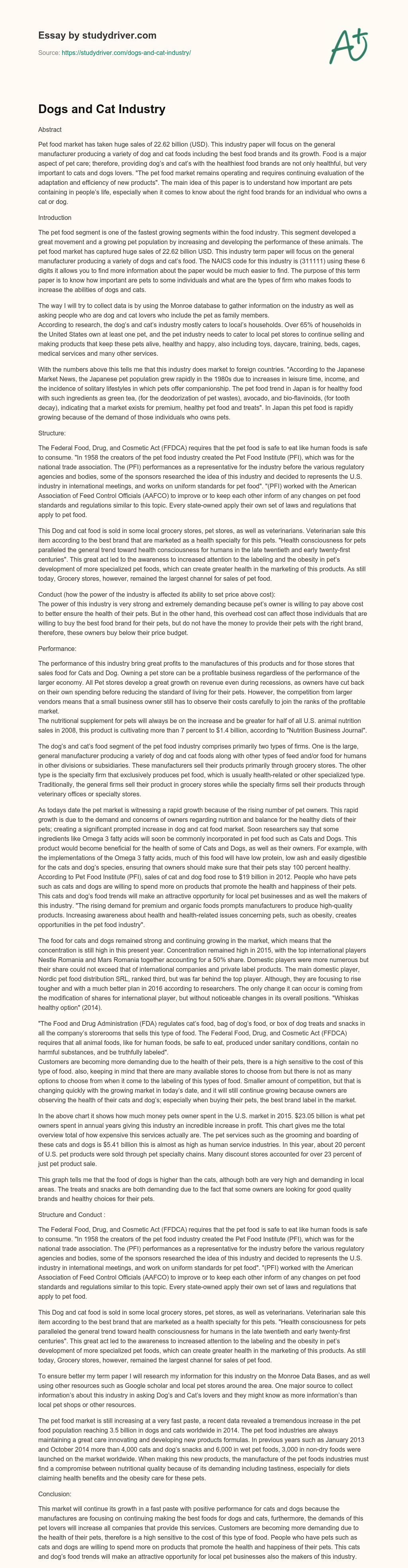 Dogs and Cat Industry essay