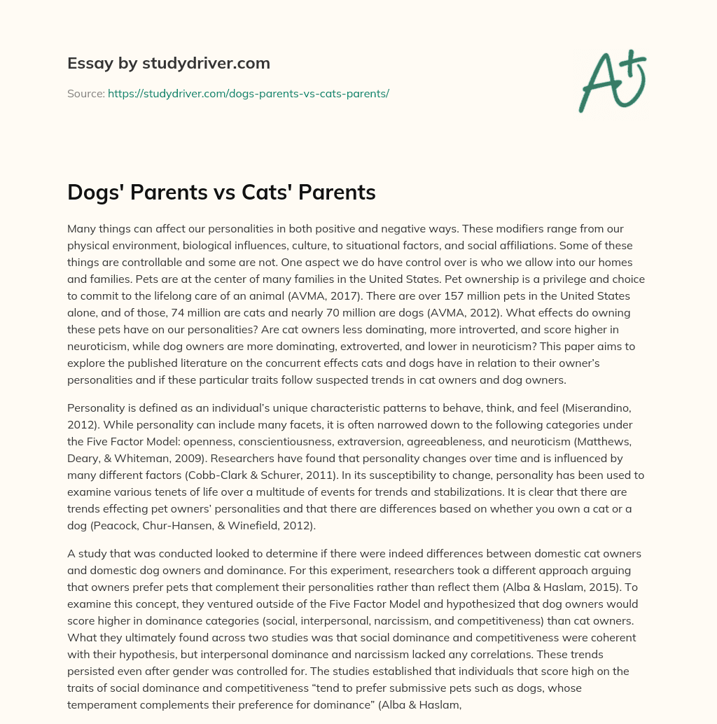Dogs’ Parents Vs Cats’ Parents essay