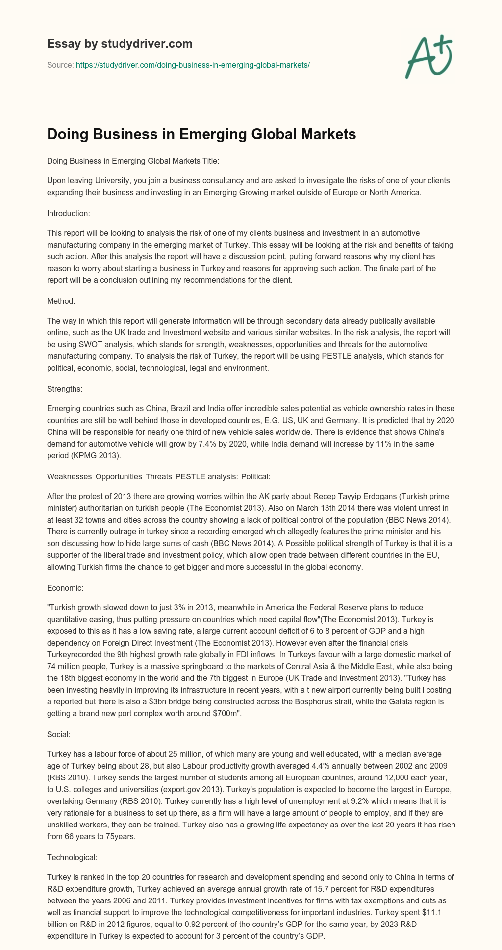 Doing Business in Emerging Global Markets essay