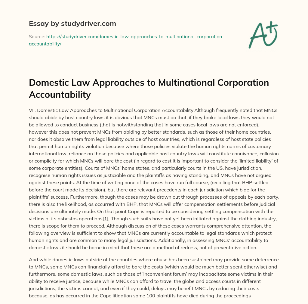 Domestic Law Approaches to Multinational Corporation Accountability essay