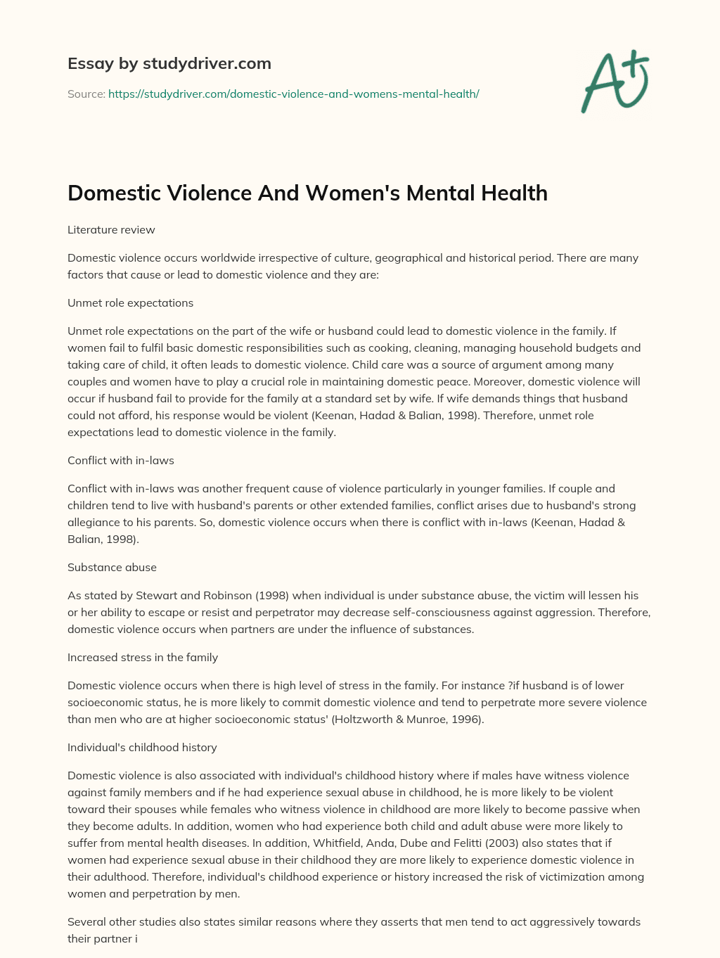 Domestic Violence and Women’s Mental Health essay