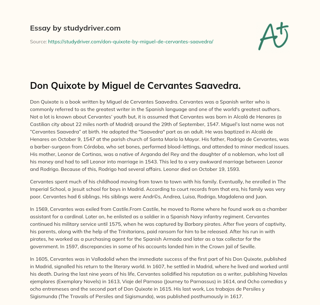 Don Quixote by Miguel De Cervantes Saavedra. essay