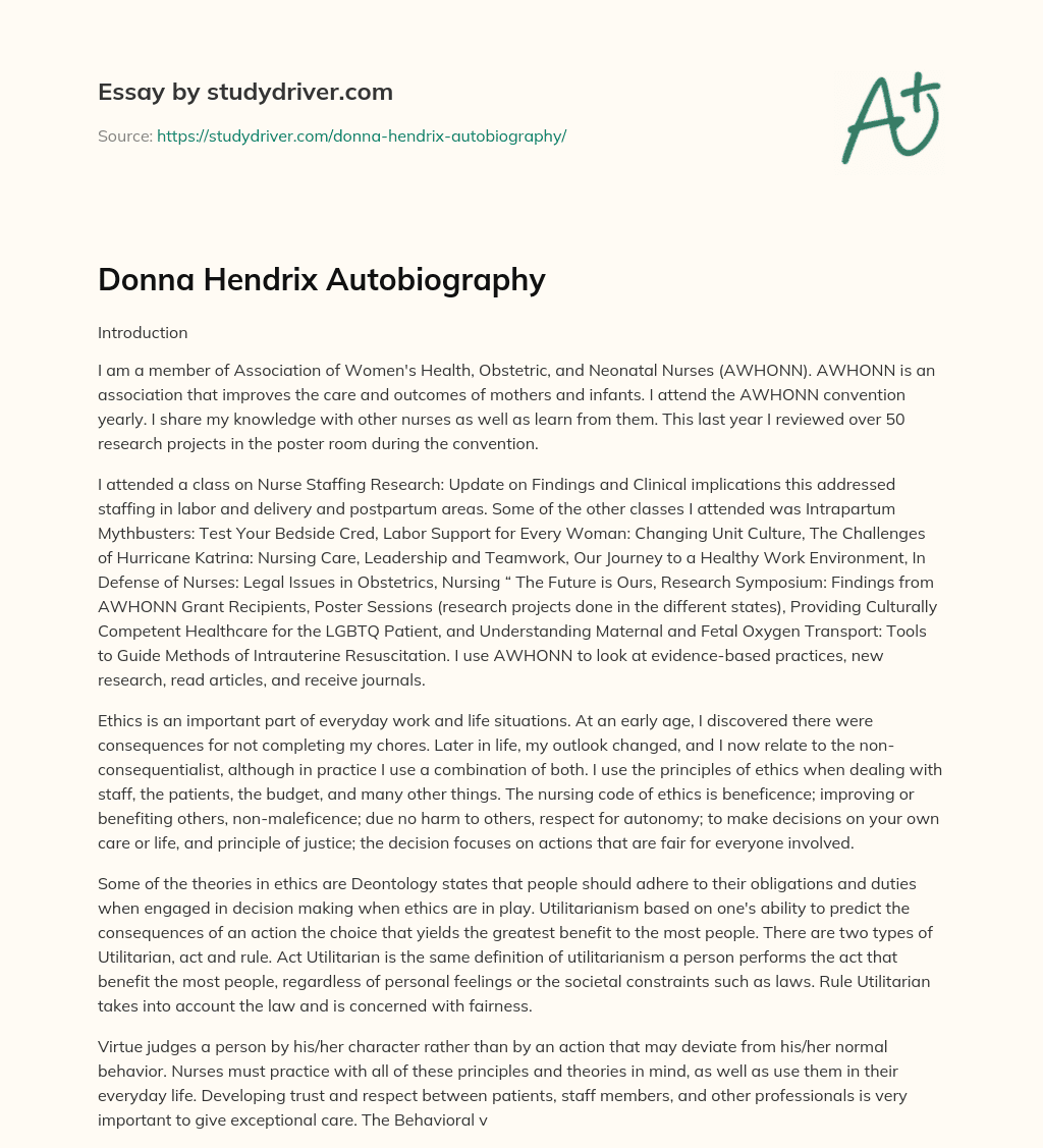 Donna Hendrix Autobiography essay