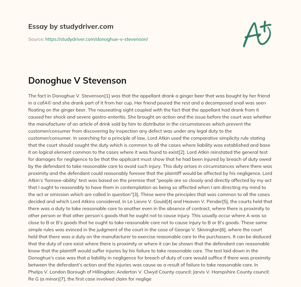 Donoghue V Stevenson essay