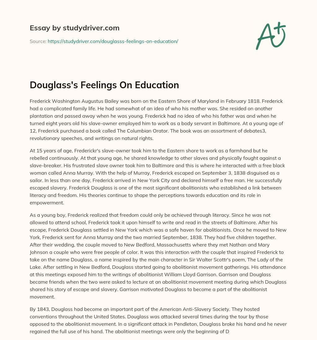 Douglass’s Feelings on Education essay