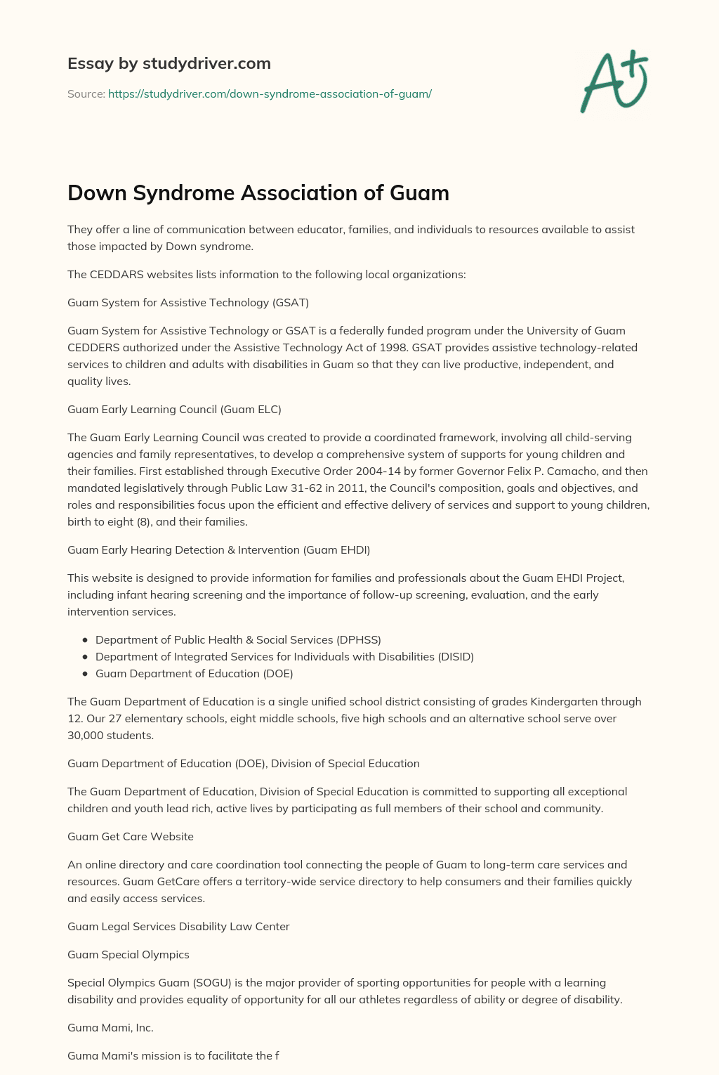 Down Syndrome Association of Guam essay