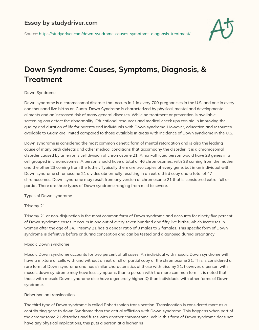 Down Syndrome: Causes, Symptoms, Diagnosis, & Treatment essay