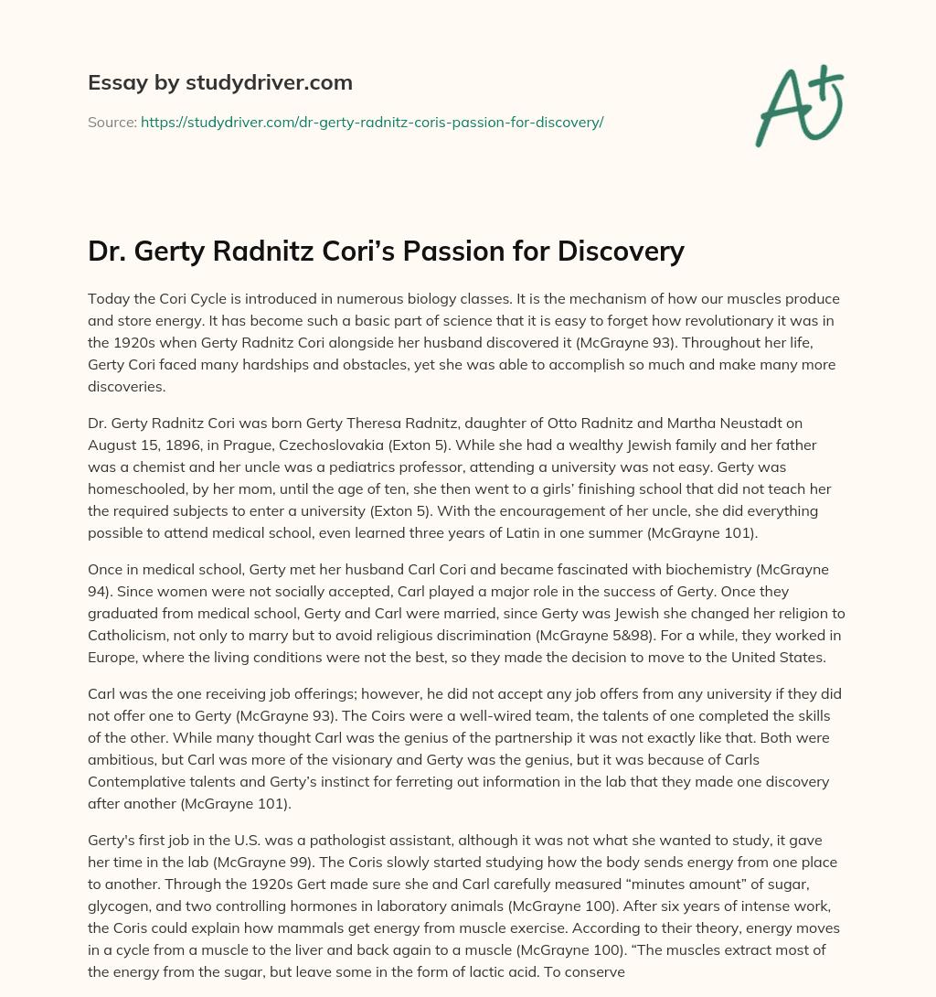 Dr. Gerty Radnitz Cori’s Passion for Discovery  essay