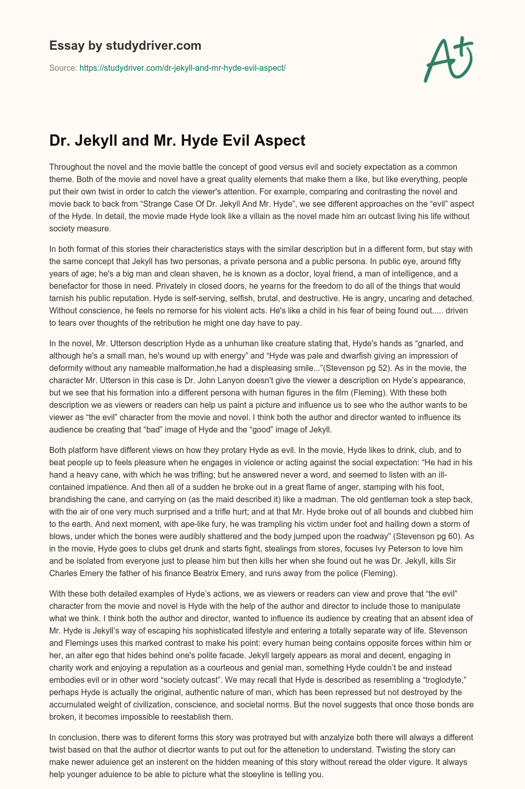 Dr. Jekyll and Mr. Hyde Evil Aspect essay