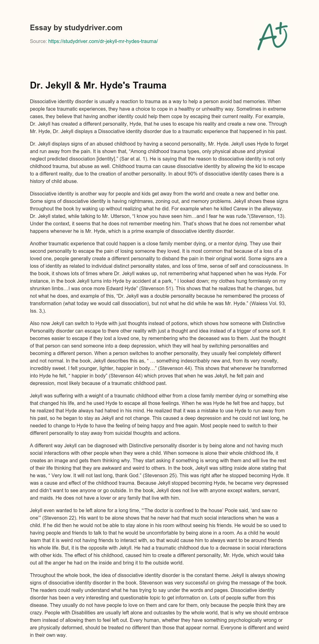 Dr. Jekyll & Mr. Hyde’s Trauma essay