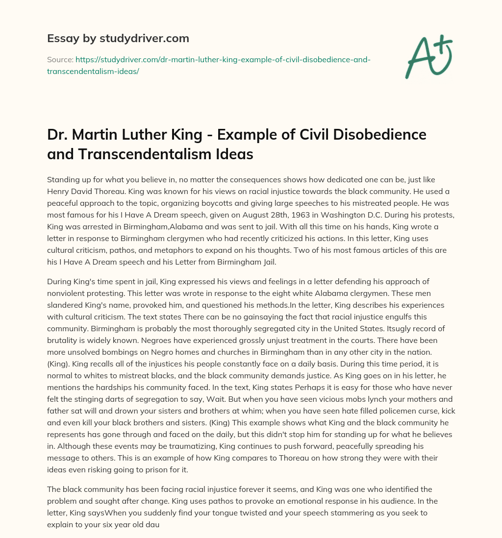 Dr. Martin Luther King – Example of Civil Disobedience and Transcendentalism Ideas essay