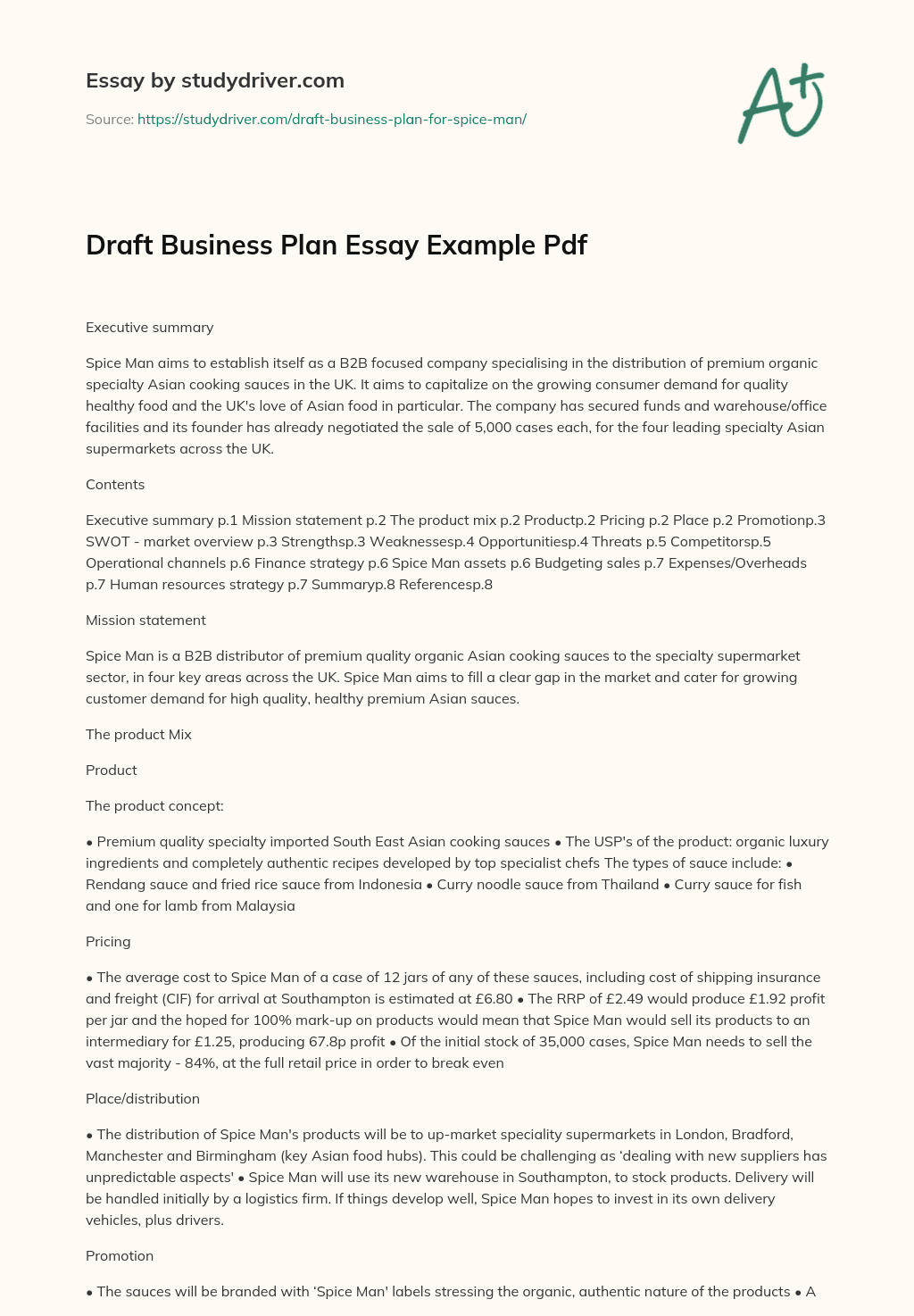 business plan essay pdf