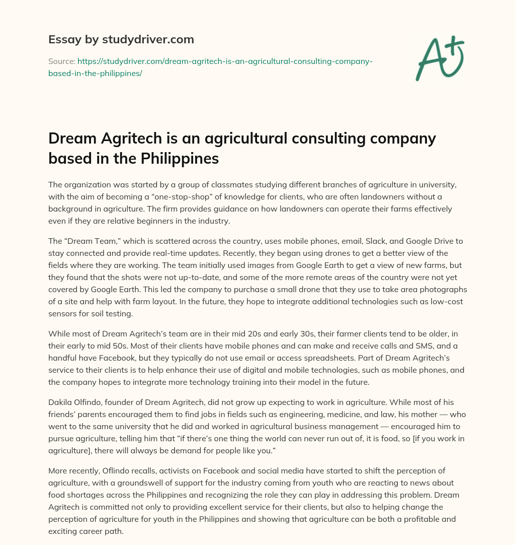 Dream Agritech is an Agricultural Consulting Company Based in the Philippines essay