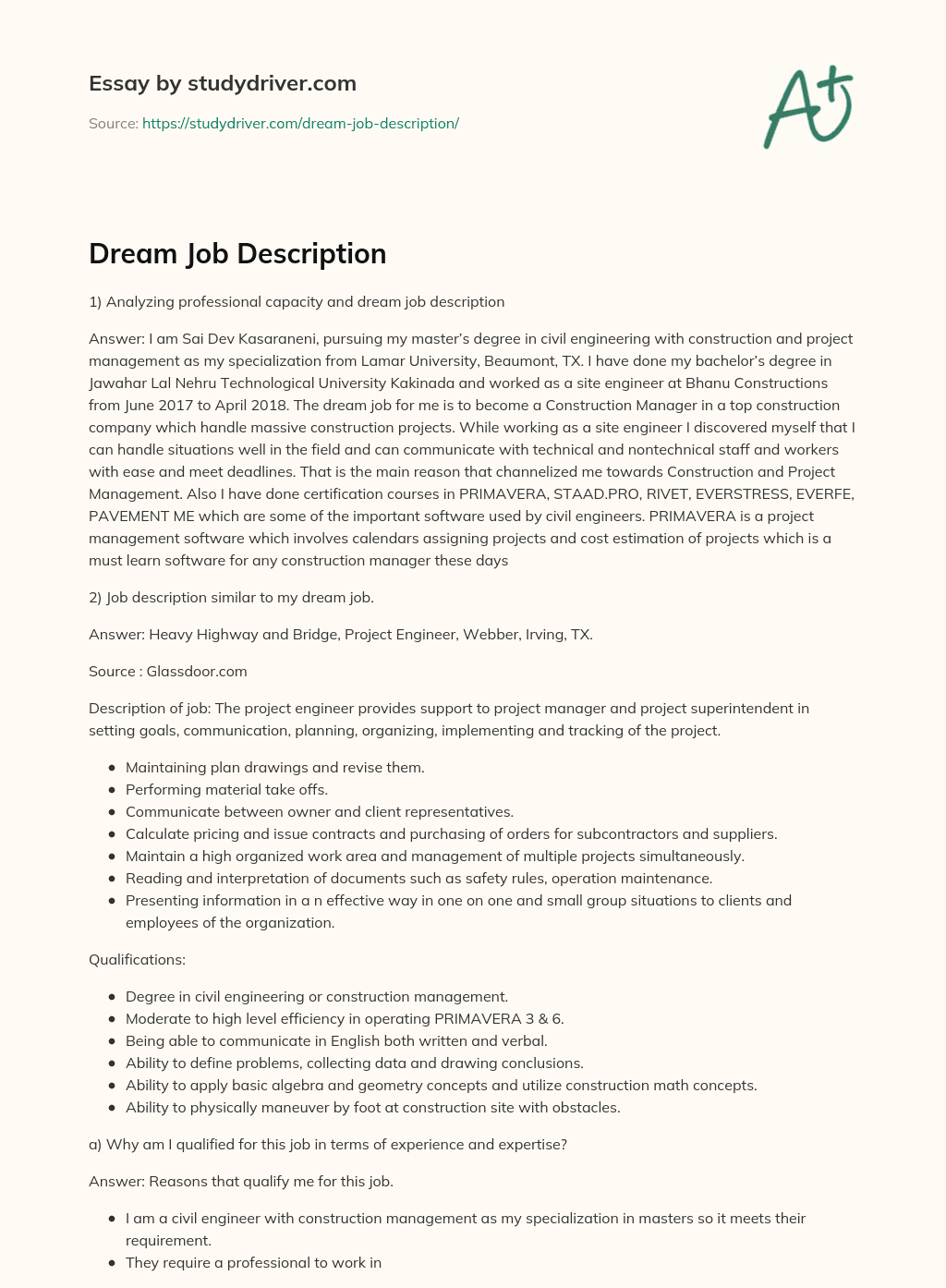 Dream Job Description essay